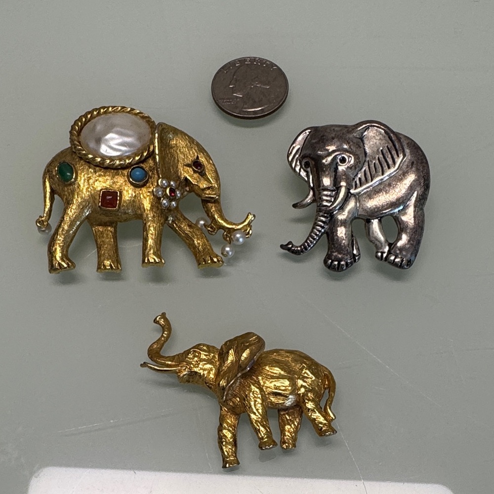 Vintage Gold and Silver Elephant Brooch Set & Pendant